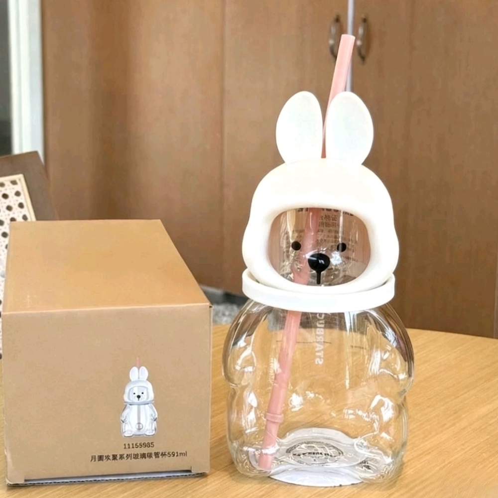 New Starbucks China Mid-Autumn Festival Rabbit Bear 20oz Glass Straw Cup